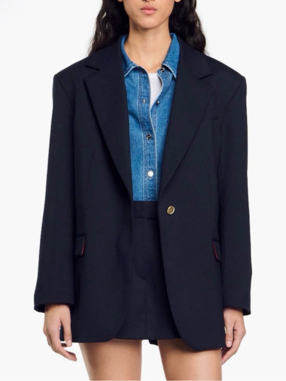 Sandro Navy Single-Button Tailored Blazer with Burgundy Lining
